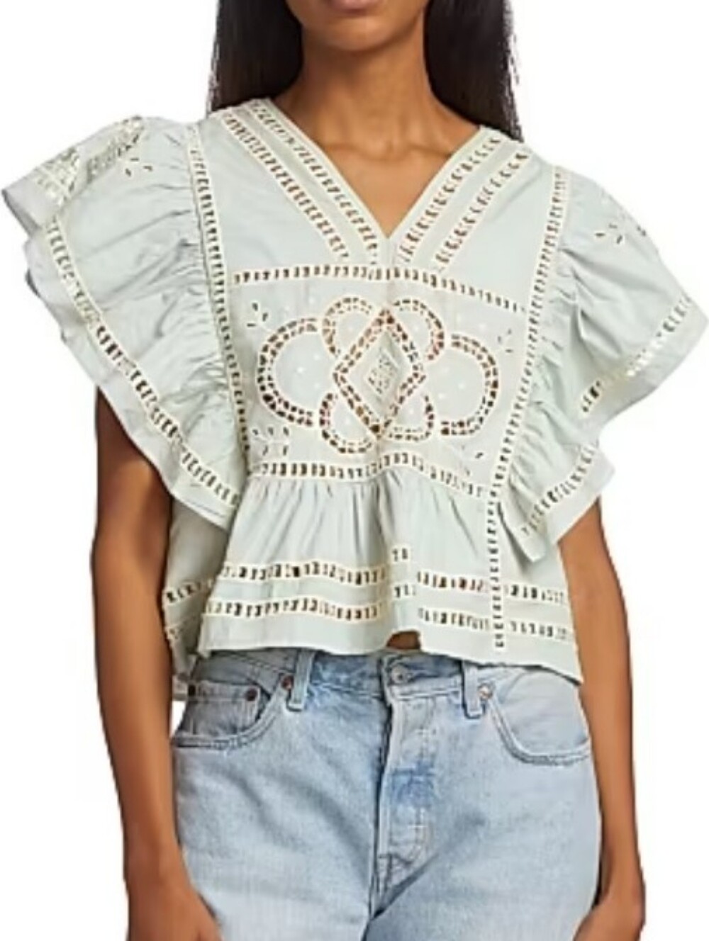 Sea New York Blaire Flutter Sleeve Eyelet Top Blouse Seafoam Green Blue Womens M